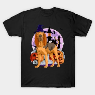 Bloodhound Dog Cute Witch Halloween Pumpkin T-Shirt